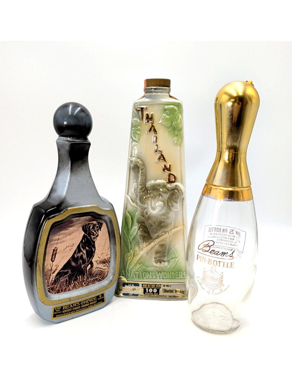 3 VTG Jim Beam Whiskey Bottles Beams Choice Thailand-Bowling Pin-Hunting Dog